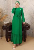 Tesettür giyim YEŞİL BROŞ DETAYLI KUŞAKLI ELBİSE T 7113