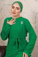 Tesettür giyim YEŞİL BROŞ DETAYLI KUŞAKLI ELBİSE T 7113
