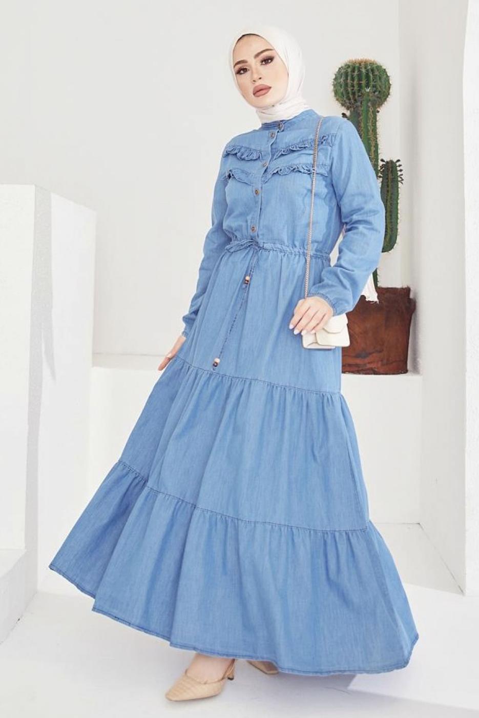 Tesettür giyim MAVİ FIRFIR DETAYLI BELİ BÜZGÜLÜ DENİM ELBİSE T 7176