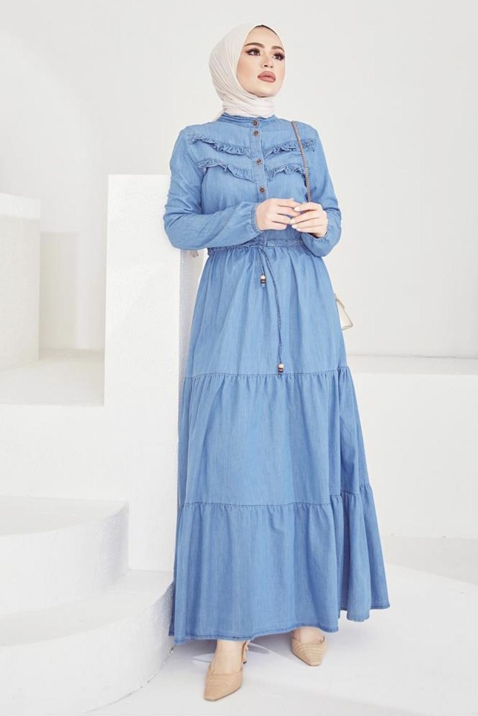 Tesettür giyim MAVİ FIRFIR DETAYLI BELİ BÜZGÜLÜ DENİM ELBİSE T 7176