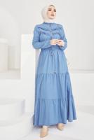 Tesettür giyim MAVİ FIRFIR DETAYLI BELİ BÜZGÜLÜ DENİM ELBİSE T 7176