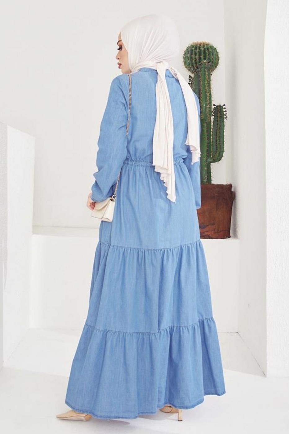 Tesettür giyim MAVİ FIRFIR DETAYLI BELİ BÜZGÜLÜ DENİM ELBİSE T 7176