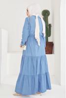 Tesettür giyim MAVİ FIRFIR DETAYLI BELİ BÜZGÜLÜ DENİM ELBİSE T 7176