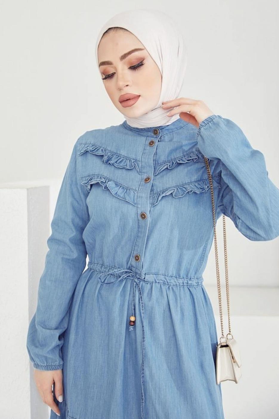 Tesettür giyim MAVİ FIRFIR DETAYLI BELİ BÜZGÜLÜ DENİM ELBİSE T 7176