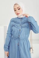 Tesettür giyim MAVİ FIRFIR DETAYLI BELİ BÜZGÜLÜ DENİM ELBİSE T 7176
