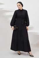 Tesettür giyim SİYAH GÖMLEK YAKA KUŞAKLI SALAŞ ELBİSE T 724