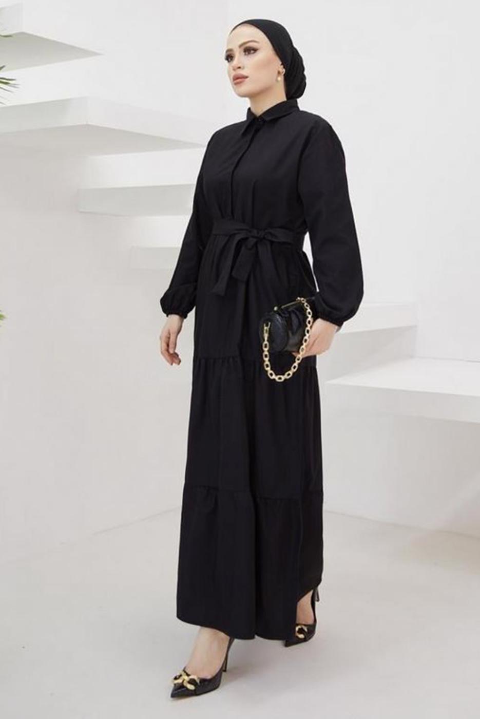 Tesettür giyim SİYAH GÖMLEK YAKA KUŞAKLI SALAŞ ELBİSE T 724