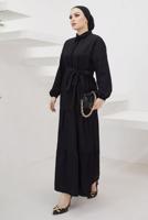 Tesettür giyim SİYAH GÖMLEK YAKA KUŞAKLI SALAŞ ELBİSE T 724