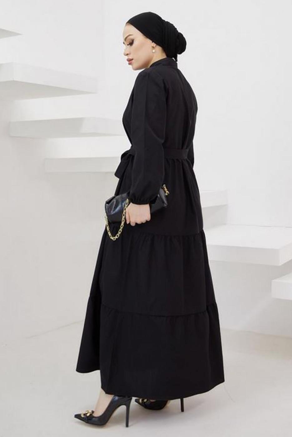 Tesettür giyim SİYAH GÖMLEK YAKA KUŞAKLI SALAŞ ELBİSE T 724