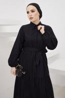 Tesettür giyim SİYAH GÖMLEK YAKA KUŞAKLI SALAŞ ELBİSE T 724