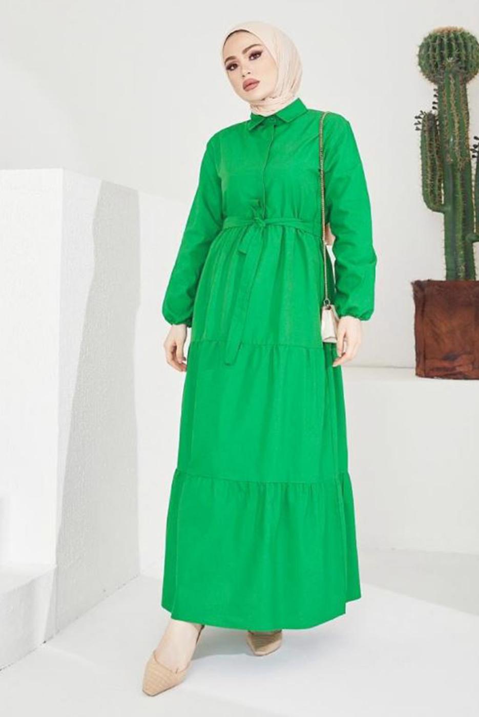 Tesettür giyim YEŞİL GÖMLEK YAKA KUŞAKLI SALAŞ ELBİSE T 724