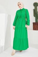 Tesettür giyim YEŞİL GÖMLEK YAKA KUŞAKLI SALAŞ ELBİSE T 724