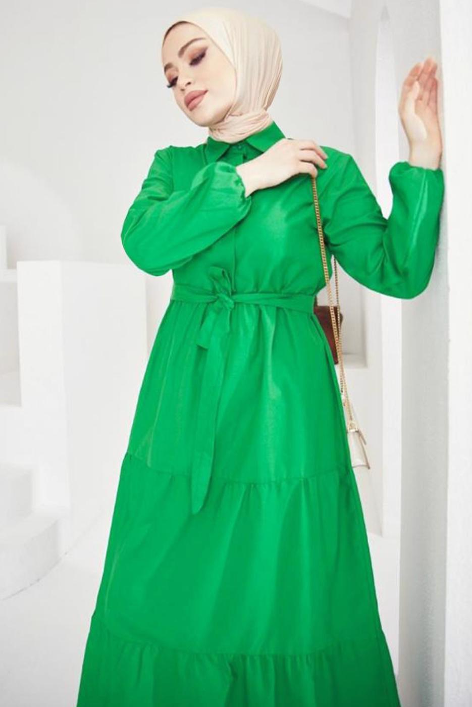 Tesettür giyim YEŞİL GÖMLEK YAKA KUŞAKLI SALAŞ ELBİSE T 724