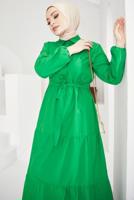 Tesettür giyim YEŞİL GÖMLEK YAKA KUŞAKLI SALAŞ ELBİSE T 724