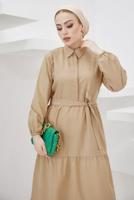 Tesettür giyim KAHVE GÖMLEK YAKA KUŞAKLI SALAŞ ELBİSE T 724