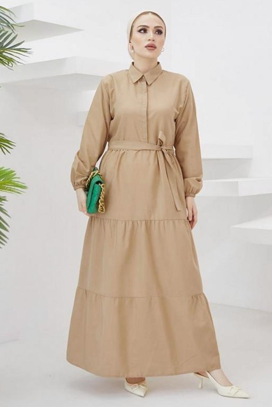 Tesettür giyim KAHVE GÖMLEK YAKA KUŞAKLI SALAŞ ELBİSE T 724
