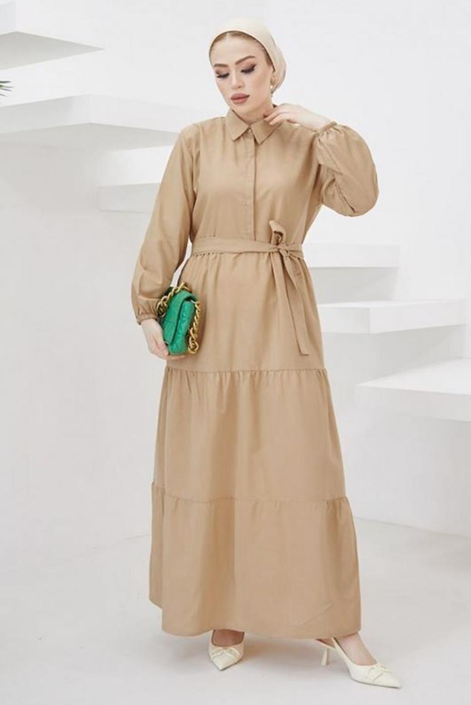 Tesettür giyim KAHVE GÖMLEK YAKA KUŞAKLI SALAŞ ELBİSE T 724
