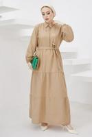 Tesettür giyim KAHVE GÖMLEK YAKA KUŞAKLI SALAŞ ELBİSE T 724
