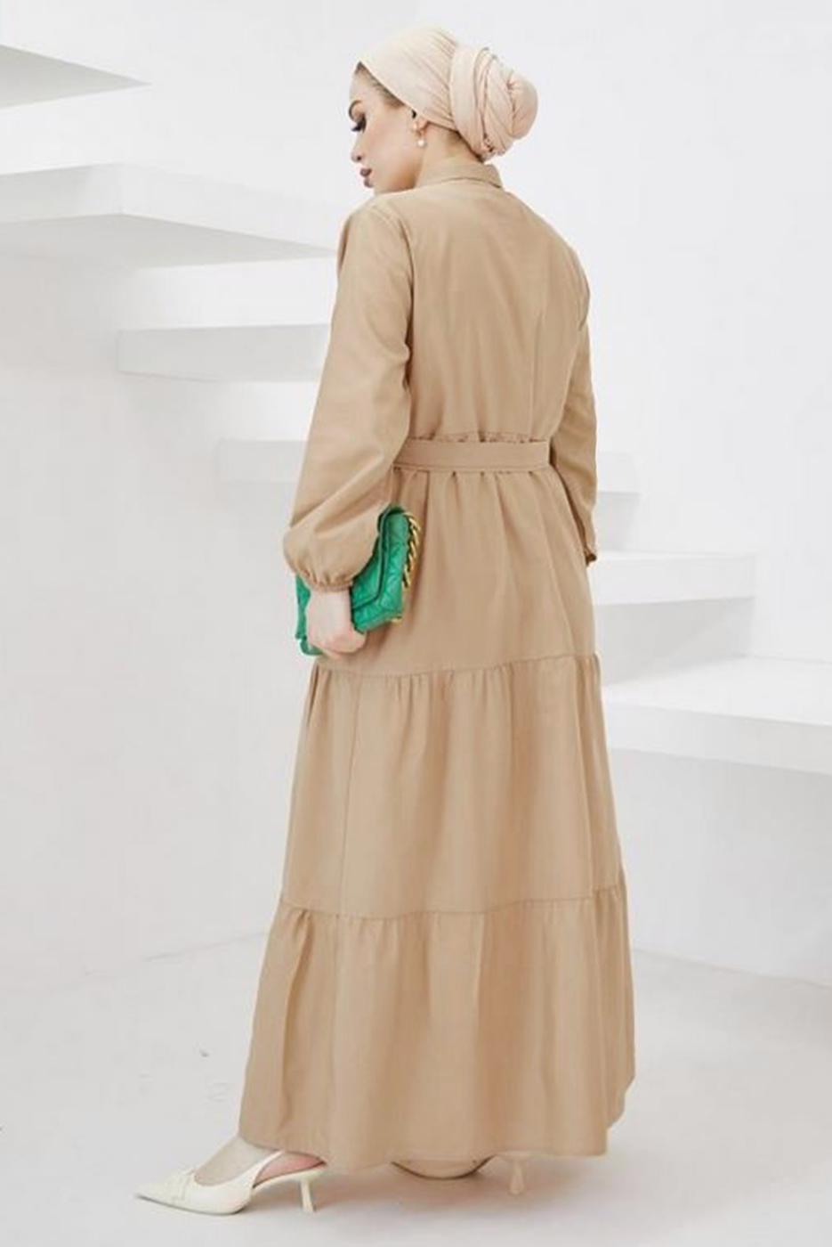Tesettür giyim KAHVE GÖMLEK YAKA KUŞAKLI SALAŞ ELBİSE T 724