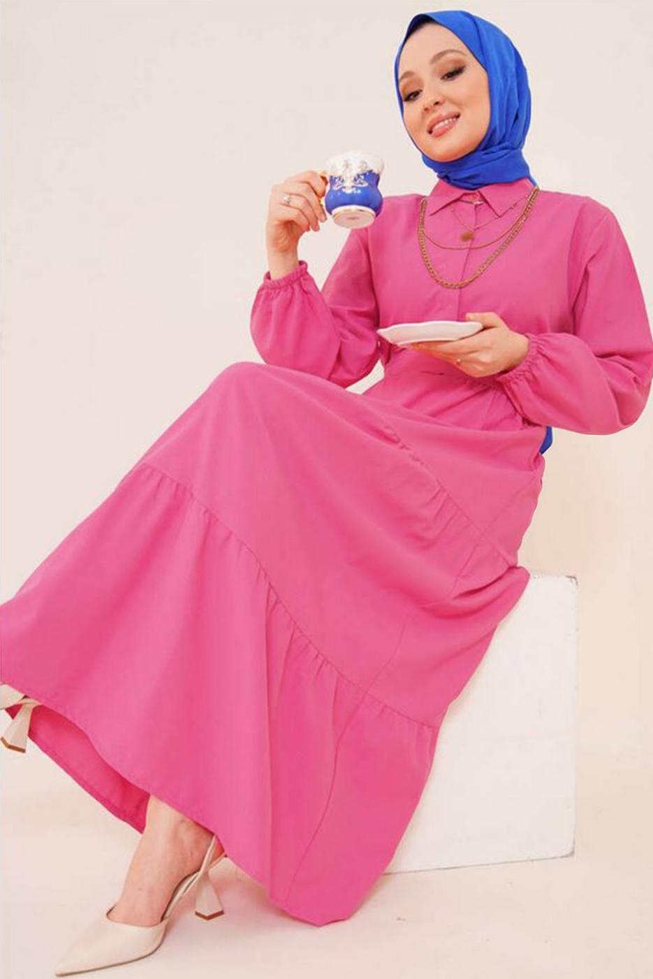 Tesettür giyim FUŞYA GÖMLEK YAKA KUŞAKLI SALAŞ ELBİSE T 724