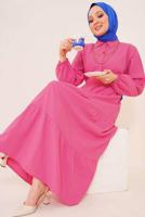 Tesettür giyim FUŞYA GÖMLEK YAKA KUŞAKLI SALAŞ ELBİSE T 724