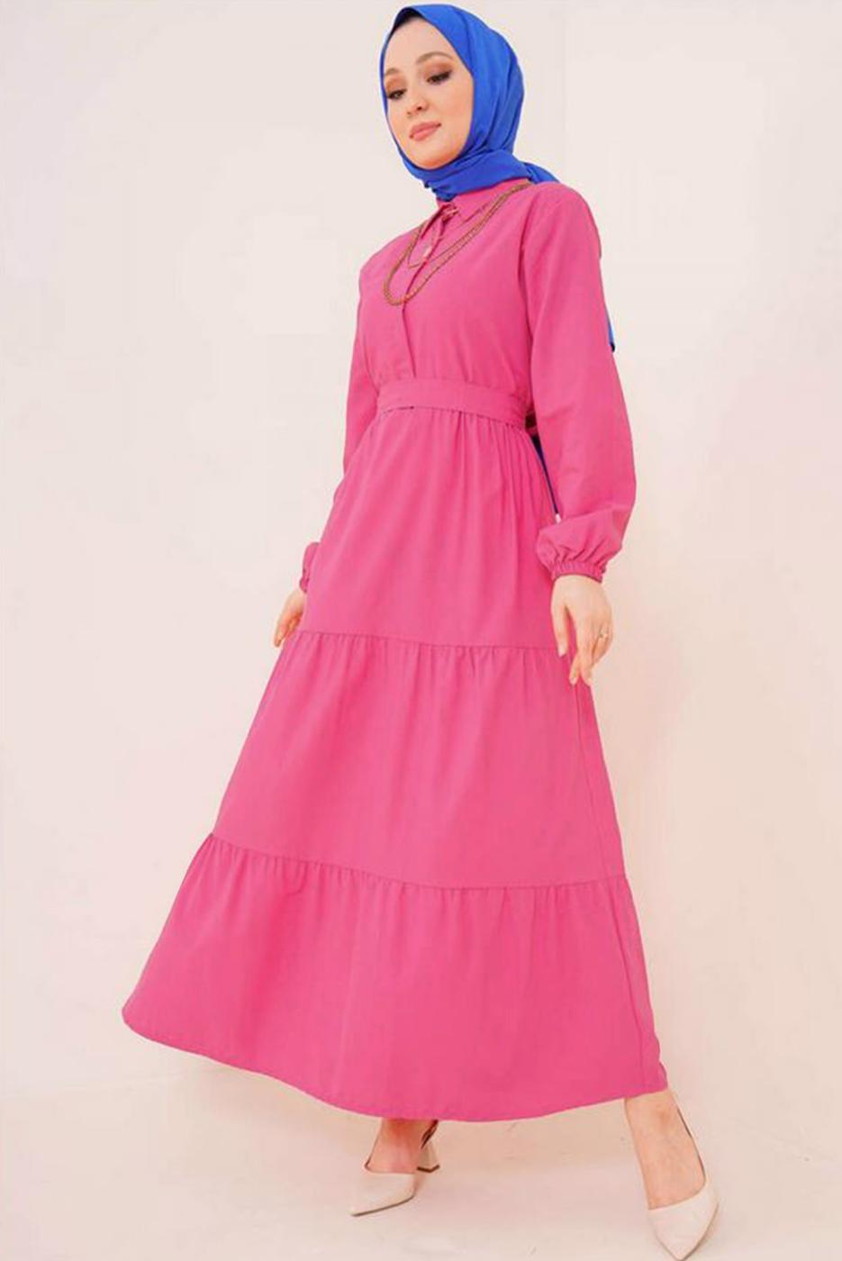 Tesettür giyim FUŞYA GÖMLEK YAKA KUŞAKLI SALAŞ ELBİSE T 724