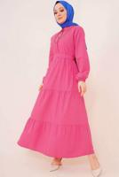 Tesettür giyim FUŞYA GÖMLEK YAKA KUŞAKLI SALAŞ ELBİSE T 724