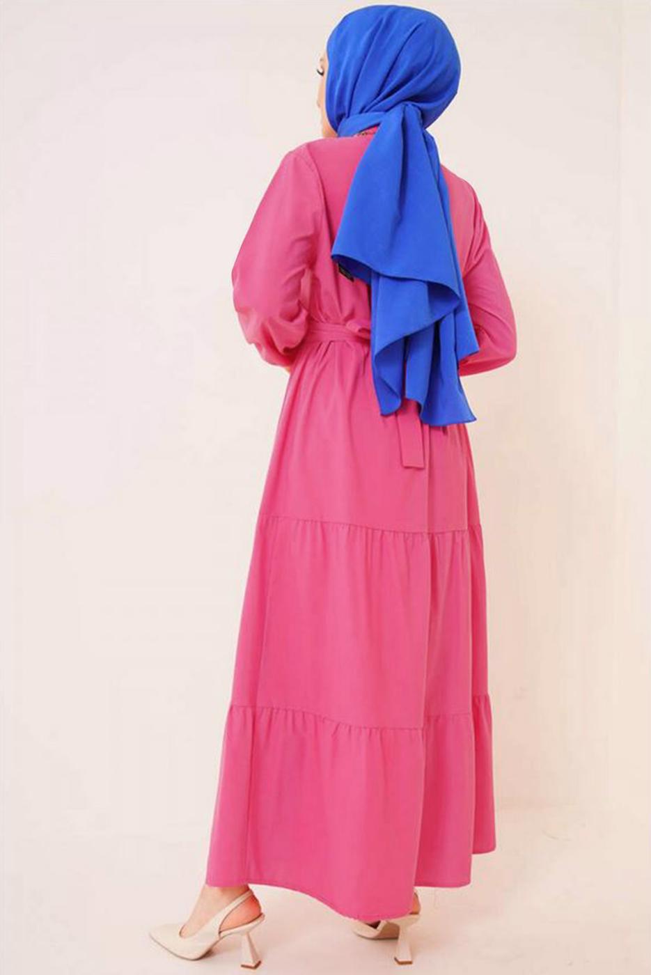 Tesettür giyim FUŞYA GÖMLEK YAKA KUŞAKLI SALAŞ ELBİSE T 724