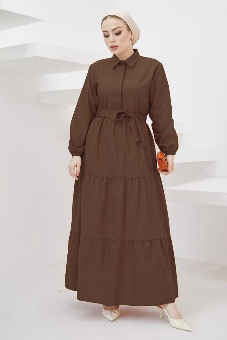 Tesettür giyim KAHVE GÖMLEK YAKA KUŞAKLI SALAŞ ELBİSE T 724