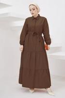Tesettür giyim KAHVE GÖMLEK YAKA KUŞAKLI SALAŞ ELBİSE T 724