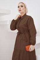 Tesettür giyim KAHVE GÖMLEK YAKA KUŞAKLI SALAŞ ELBİSE T 724