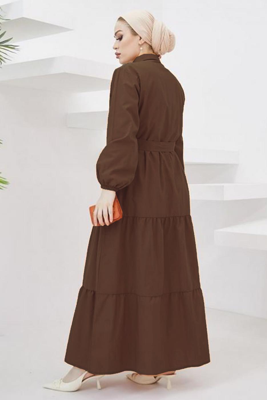 Tesettür giyim KAHVE GÖMLEK YAKA KUŞAKLI SALAŞ ELBİSE T 724