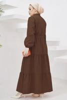 Tesettür giyim KAHVE GÖMLEK YAKA KUŞAKLI SALAŞ ELBİSE T 724