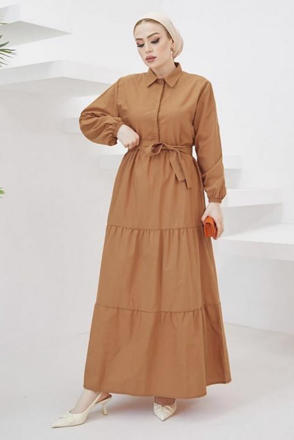 Tesettür giyim TABA GÖMLEK YAKA KUŞAKLI SALAŞ ELBİSE T 724