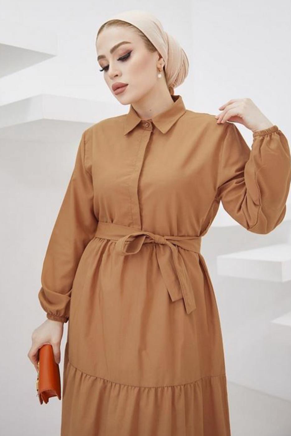 Tesettür giyim TABA GÖMLEK YAKA KUŞAKLI SALAŞ ELBİSE T 724