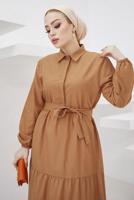 Tesettür giyim TABA GÖMLEK YAKA KUŞAKLI SALAŞ ELBİSE T 724