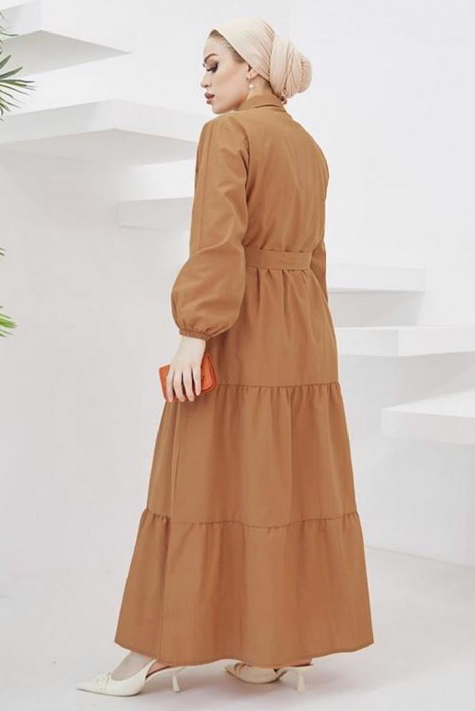 Tesettür giyim TABA GÖMLEK YAKA KUŞAKLI SALAŞ ELBİSE T 724