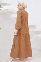 Tesettür giyim TABA GÖMLEK YAKA KUŞAKLI SALAŞ ELBİSE T 724