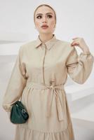Tesettür giyim BEJ GÖMLEK YAKA KUŞAKLI SALAŞ ELBİSE T 724