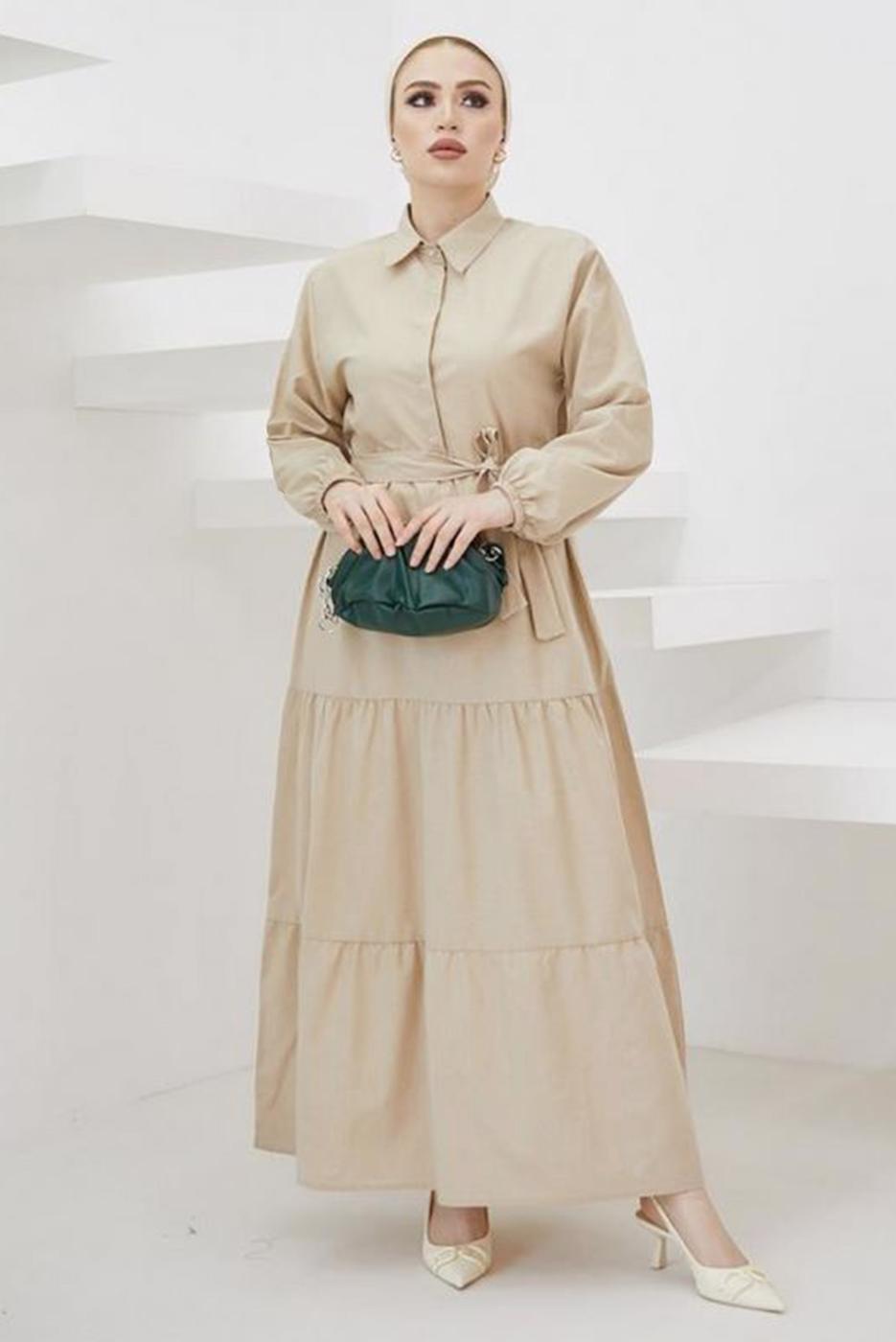 Tesettür giyim BEJ GÖMLEK YAKA KUŞAKLI SALAŞ ELBİSE T 724