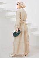 Tesettür giyim BEJ GÖMLEK YAKA KUŞAKLI SALAŞ ELBİSE T 724