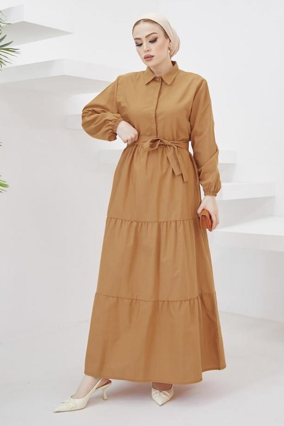 Tesettür giyim KAHVE GÖMLEK YAKA KUŞAKLI SALAŞ ELBİSE T 724