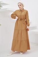 Tesettür giyim KAHVE GÖMLEK YAKA KUŞAKLI SALAŞ ELBİSE T 724