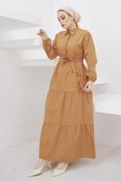 Tesettür giyim KAHVE GÖMLEK YAKA KUŞAKLI SALAŞ ELBİSE T 724
