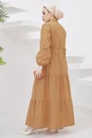 Tesettür giyim KAHVE GÖMLEK YAKA KUŞAKLI SALAŞ ELBİSE T 724