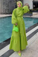 Tesettür giyim YEŞİL BALON KOL KUŞAKLI VOLANLI ELBİSE T 7369
