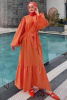Tesettür giyim TURUNCU BALON KOL KUŞAKLI VOLANLI ELBİSE T 7369