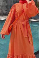 Tesettür giyim TURUNCU BALON KOL KUŞAKLI VOLANLI ELBİSE T 7369