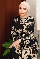 Tesettür giyim SİYAH KUŞAKLI DESENLİ BÜRÜMCÜK ELBİSE T 7413