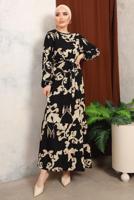 Tesettür giyim SİYAH KUŞAKLI DESENLİ BÜRÜMCÜK ELBİSE T 7413